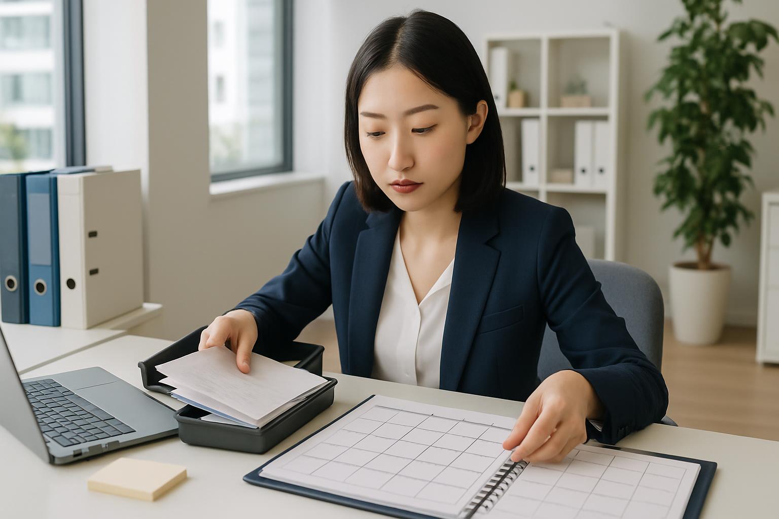 総務・管理部門の業務風景。社内規程書類の整理や社内手続きに取り組む担当者の写真。