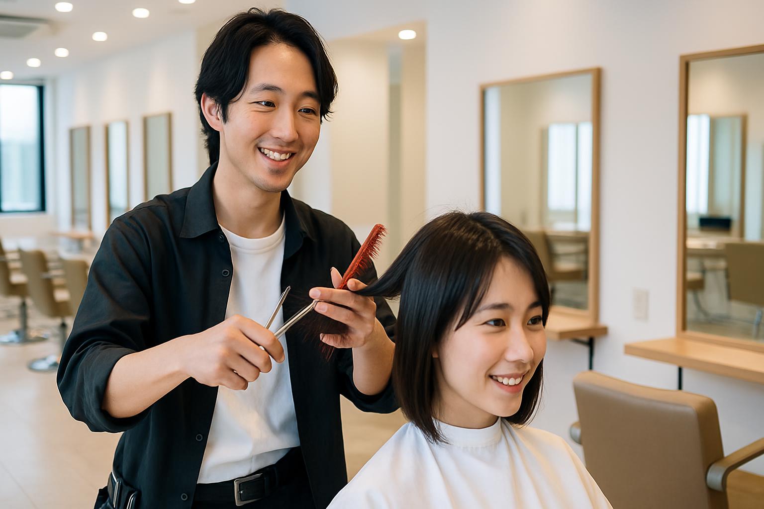 モダンな美容室でスタイリストが女性客の髪をカットしている写真。清潔感のある白い内装と整然としたセット台が並ぶヘアサロンの店内。