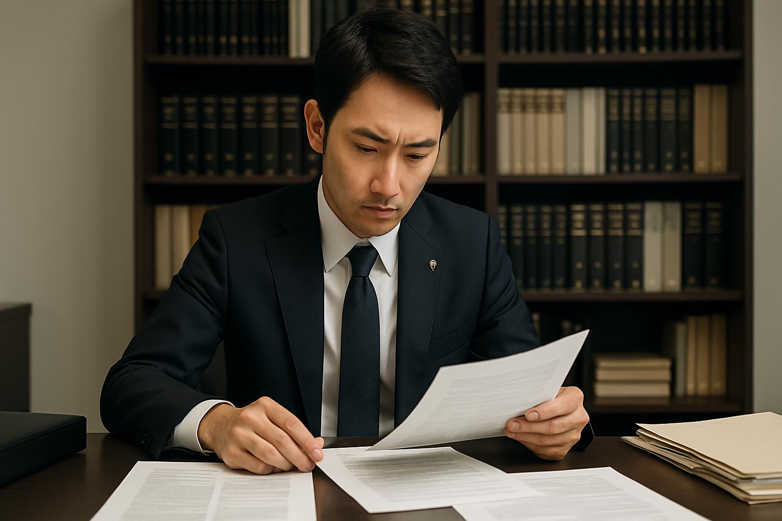 法務担当者が契約書・法的文書をデスクでチェックしている写真。整然と積まれた書類と法律書籍が並ぶ落ち着いたオフィス環境。